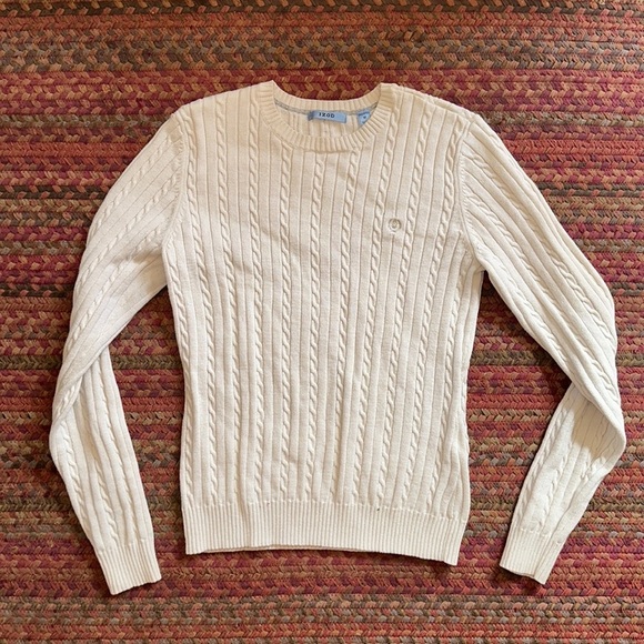 IZOD CLASSIC WHITE CABLE KNIT SWEATER HIGH NECK TENNIS PREPPY - Picture 1 of 4